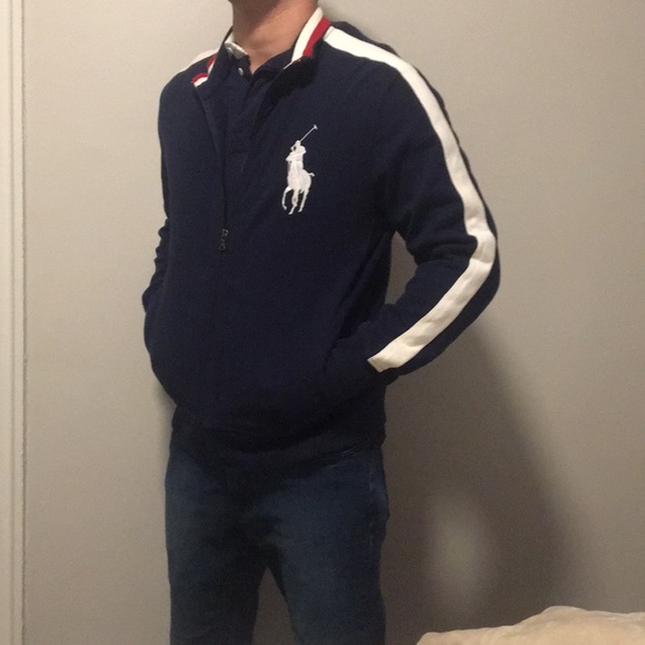 NWT Ralph Lauren Navy Blue Mesh Front Zipped Hoodie Jacket// Big Pony
